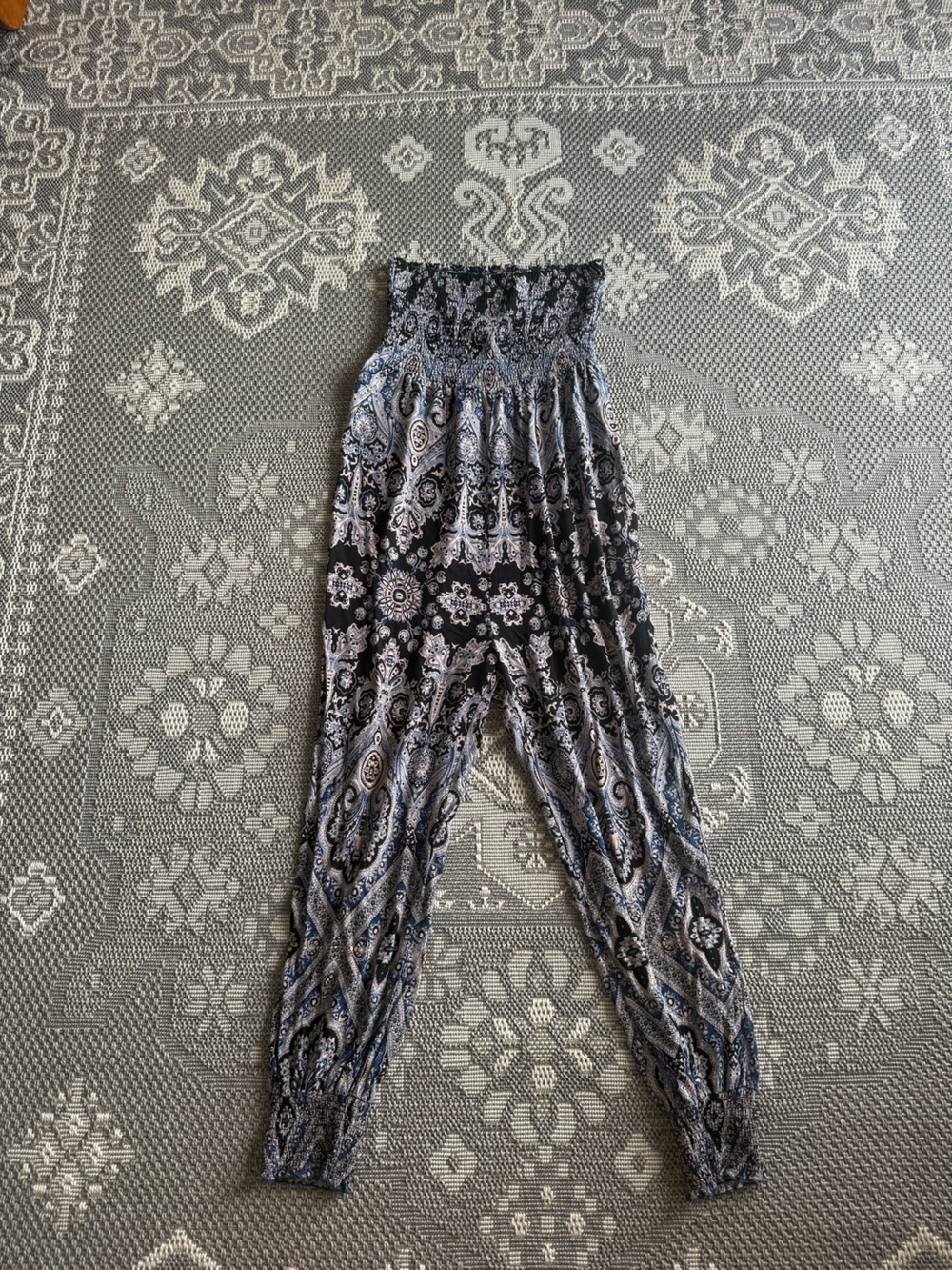 Free People Paisley Smocked Strapless Jumpsuit Blue & Black